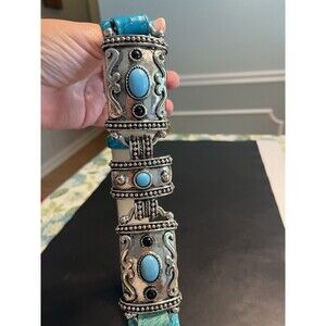 WCM New York Turquoise Silver Black Onyx Italian Leather Belt Southwestern Rodeo